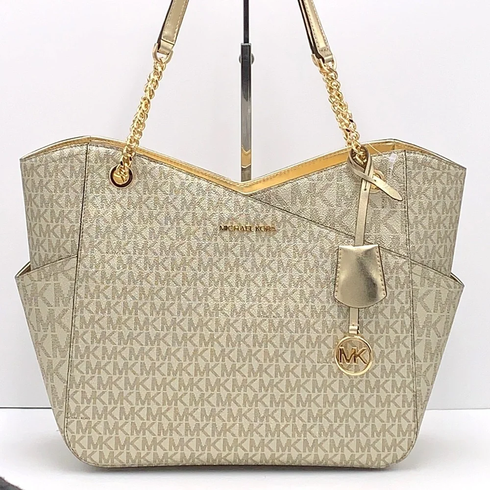 MICHAEL KORS LARGE X CHAIN SHOULDER TOTE BAG PALE GOLD COLOR